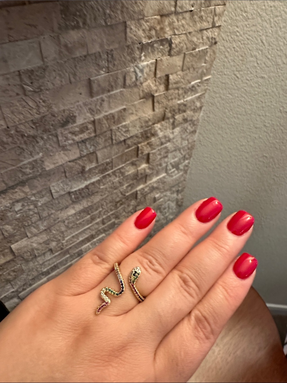 Fashion Jewelry Gold Snake Wrap Ring with Green and Red Accents